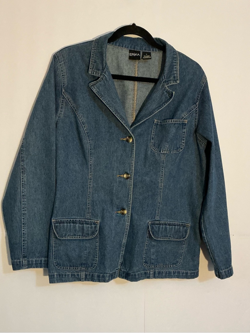 Erika Classic Blue Denim Jacket with Notched Lapel Collar Three pockets Sz Large